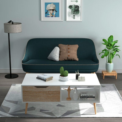 Wooden White Oak Scandinavian Coffee Table With Legs Storage Compartment Drawer - 4