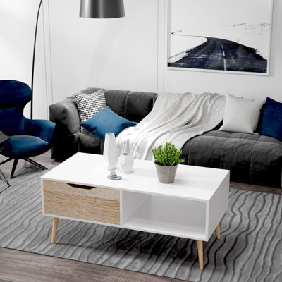 Wooden White Oak Scandinavian Coffee Table With Legs Storage Compartment Drawer - 5