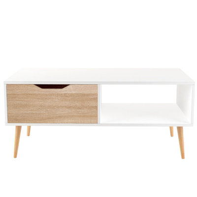 Wooden White Oak Scandinavian Coffee Table With Legs Storage Compartment Drawer - 6