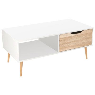 Wooden White Oak Scandinavian Coffee Table With Legs Storage Compartment Drawer - 7