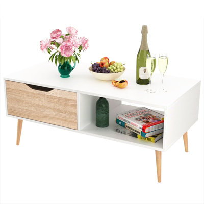 Wooden White Oak Scandinavian Coffee Table With Legs Storage Compartment Drawer - 8