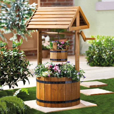 Wooden Wishing Well Planter For Flowers Shrubs Plants, Outdoors Garden, Easy Assembly, Plastic Liner Included
