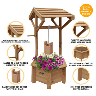 Wooden Wishing Well Planter for Garden Indoor Outdoor Solid Natural Wood