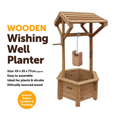 Wooden Wishing Well Planter for Garden Indoor Outdoor Solid Natural Wood - 3