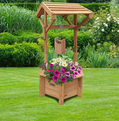 Wooden Wishing Well Planter for Garden Indoor Outdoor Solid Natural Wood - 5