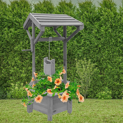 Wooden Wishing Wells for Outdoors with Hanging Bucket, Flower Pot