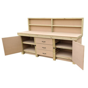 Wooden work bench with drawers and double lockable cupboard (V.8) (H-90cm, D-70cm, L-210cm) with back panel and double shelf