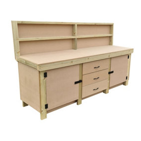 Wooden work bench with drawers and double lockable cupboard (V.8) (H-90cm, D-70cm, L-210cm) with back panel