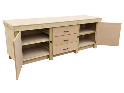 Wooden work bench with drawers and double lockable cupboard (V.8) (H-90cm, D-70cm, L-210cm) with double shelf