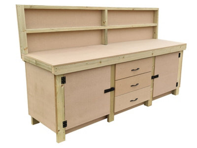Wooden work bench with drawers and double lockable cupboard (V.8)  (H-90cm, D-70cm, L-240cm) with back panel