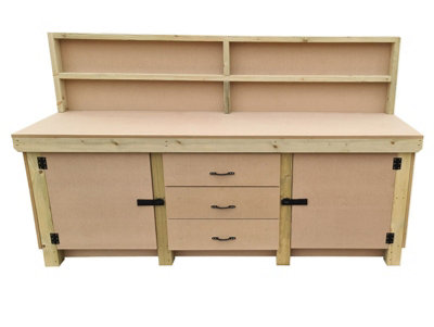 Wooden work bench with drawers and double lockable cupboard (V.8)  (H-90cm, D-70cm, L-240cm) with back panel