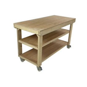 Wooden workbench 18mm eucalyptus hardwood top , kiln-dry work station (H-90cm, D-70cm, L-120cm) double shelf and wheels
