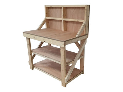 Wooden workbench 18mm eucalyptus hardwood top , kiln-dry work station (H-90cm, D-70cm, L-120cm) with back panel and double shelf