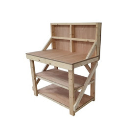Wooden workbench 18mm eucalyptus hardwood top , kiln-dry work station (H-90cm, D-70cm, L-120cm) with back panel and double shelf