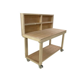 Wooden workbench 18mm eucalyptus hardwood top , kiln-dry work station (H-90cm, D-70cm, L-120cm) with back panel and wheels