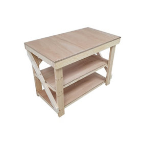 Wooden workbench 18mm eucalyptus hardwood top , kiln-dry work station (H-90cm, D-70cm, L-120cm) with double shelf