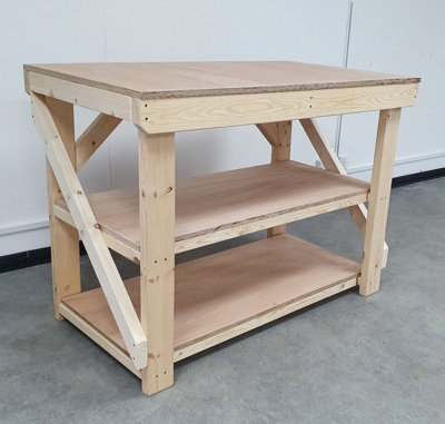 Wooden workbench 18mm eucalyptus hardwood top , kiln-dry work station (H-90cm, D-70cm, L-120cm) with double shelf