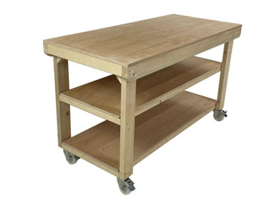 Wooden workbench 18mm eucalyptus hardwood top , kiln-dry work station (H-90cm, D-70cm, L-150cm) double shelf and wheels