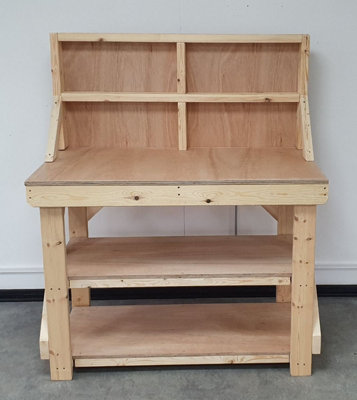 Wooden workbench 18mm eucalyptus hardwood top , kiln-dry work station (H-90cm, D-70cm, L-150cm) with back panel and double shelf