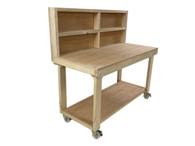Wooden workbench 18mm eucalyptus hardwood top , kiln-dry work station (H-90cm, D-70cm, L-180cm) with back panel and wheels