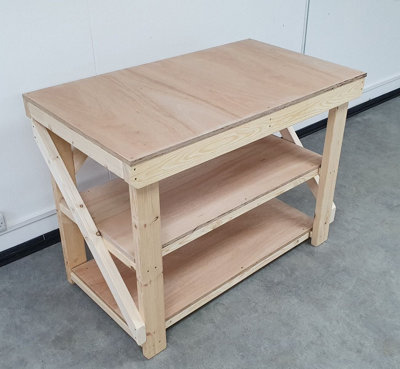 Wooden workbench 18mm eucalyptus hardwood top , kiln-dry work station (H-90cm, D-70cm, L-210cm) with double shelf