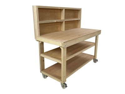 Wooden workbench, 18mm eucalyptus hardwood top workstation (H-90cm, D-70cm, L-120cm) with back panel, double shelf and wheels