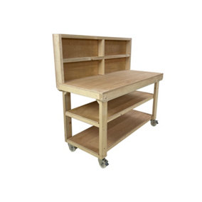 Wooden workbench, 18mm eucalyptus hardwood top workstation (H-90cm, D-70cm, L-120cm) with back panel, double shelf and wheels