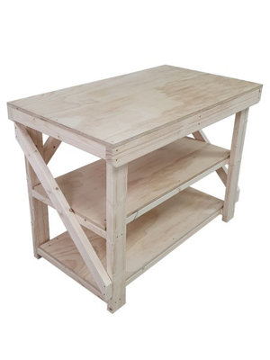 Wooden workbench, superior strength 18mm plywood top (H-90cm, D-70cm, L-120cm) with double shelf