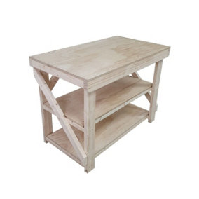 Wooden workbench, superior strength 18mm plywood top (H-90cm, D-70cm, L-120cm) with double shelf