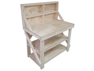 Wooden workbench, superior strength 18mm plywood top (H-90cm, D-70cm, L-240cm) with back panel and double shelf