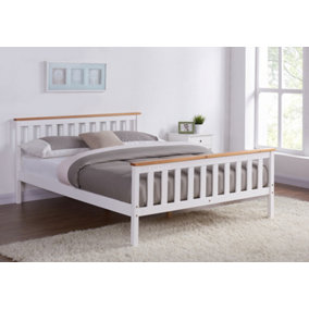 Woodford King White and Oak Finish Wooden Bed Shaker Style Headboard Classic Frame Solid Pine Wood