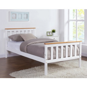 Woodford Single White and Oak Finish Wooden Bed Shaker Style Headboard Classic Frame Solid Pine Wood
