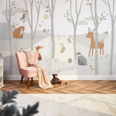 Woodland Animal Mural In Grey (350cm x 240cm)