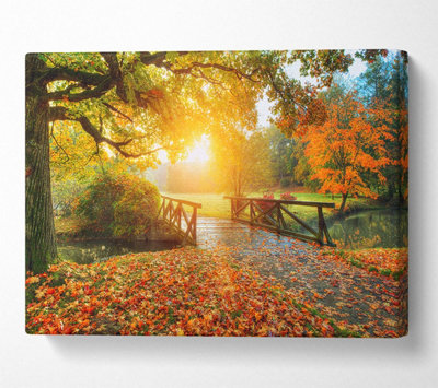 Woodland Bridge Autumn Tranqulity Canvas Print Wall Art - Medium 20 x 32 Inches