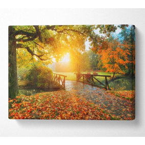 Woodland Bridge Autumn Tranqulity Canvas Print Wall Art - Medium 20 x 32 Inches