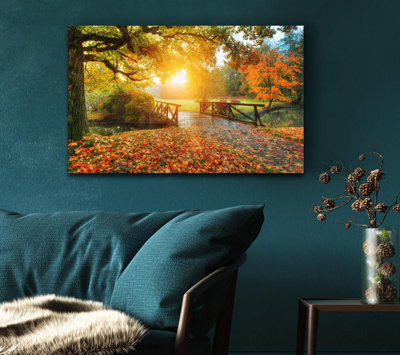 Woodland Bridge Autumn Tranqulity Canvas Print Wall Art - Medium 20 x 32 Inches