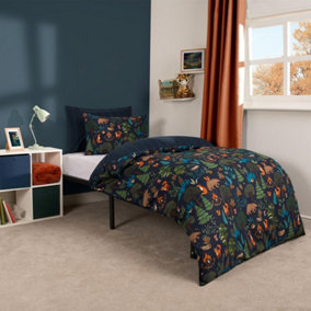 Woodland Duvet Cover Animal Bedding Set Quilt Reversible Kids, Navy - Single