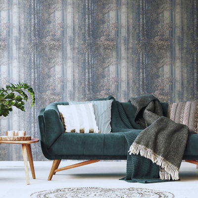 Woodland Forest Wallpaper Tree's Floral Smooth Finish Feature Wall Grey Natural