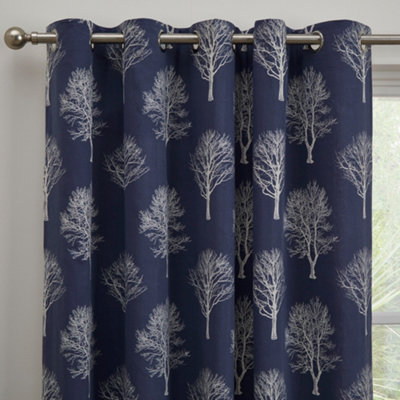 Woodland Trees Motif 100% Cotton Ready to Hang Eyelet Curtains