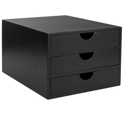 Woodluv 3 Drawer Bamboo Home Office Desktop Tidy A4 Sturdy Stationary Storage Organiser Unit, Black - W25 X D33 X H18.5cm