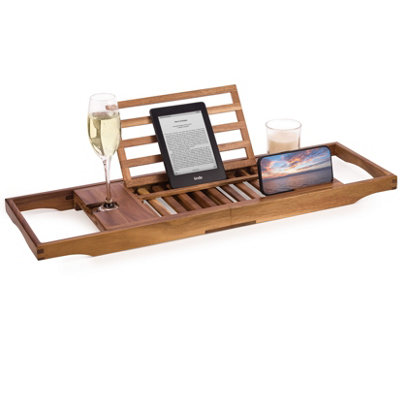 Woodluv Acacia Wood Luxury Bath Tray, Extendable Bath Caddy Tray for Bathtub Rack Bathroom Shelf with Candle, Wine Glass, Book