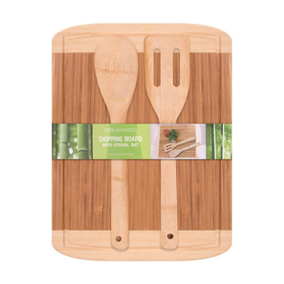 Woodluv Chef Professional Bamboo Large Chopping Board Butcher Block for Kitchen with Dripping Juice Collecting Groove & 2 Utensils