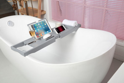 Woodluv Extendable Luxury Bamboo Bathtub Caddy/ Bath Bridge/ Bath Tray With Slotted Design, Grey