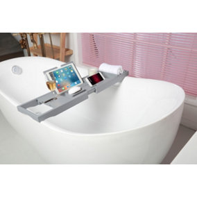 Woodluv Extendable Luxury Bamboo Bathtub Caddy/ Bath Bridge/ Bath Tray With Slotted Design, Grey