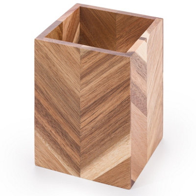 Woodluv Herringbone Pattern Acacia Wood Utensil Holder, 10 x 10 x