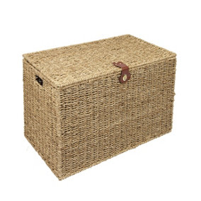 Woodluv Natural Seagrass Lidded Trunk, Toy Box Chest, Storage Basket, Handwoven Organiser - Large