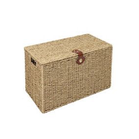 Woodluv Natural Seagrass Lidded Trunk, Toy Box Chest, Storage Basket, Handwoven Organiser - Small