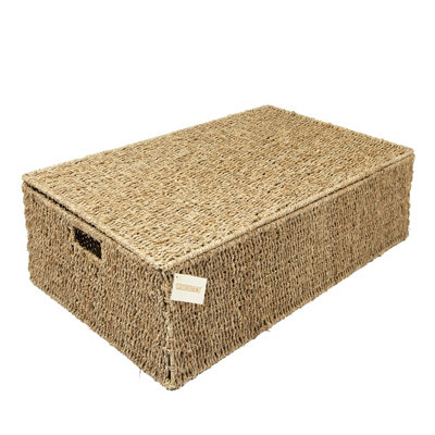 Woodluv Set of 2 Handwoven Seagrass Under Bed Storage Box Chest Basket - Large & Extra Large