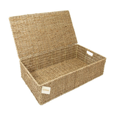 Woodluv Set of 2 Handwoven Seagrass Under Bed Storage Box Chest Basket - Large & Extra Large
