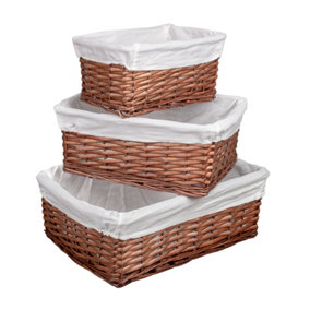 Woodluv Set of 3 Brown Wicker Storage Basket  With Off White Cloth Lining